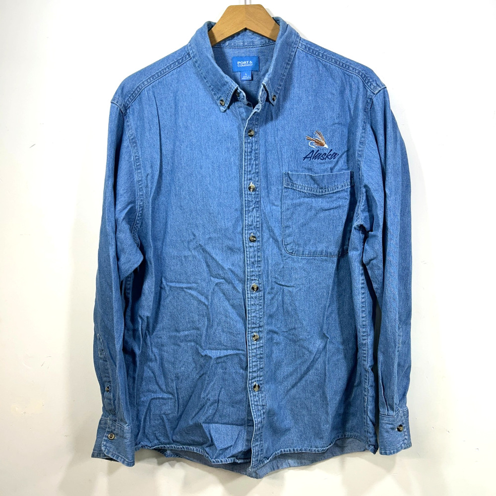 Alaska Fishing Lure Denim Shirt Mens L Button Down Long Sleeve Embroidered